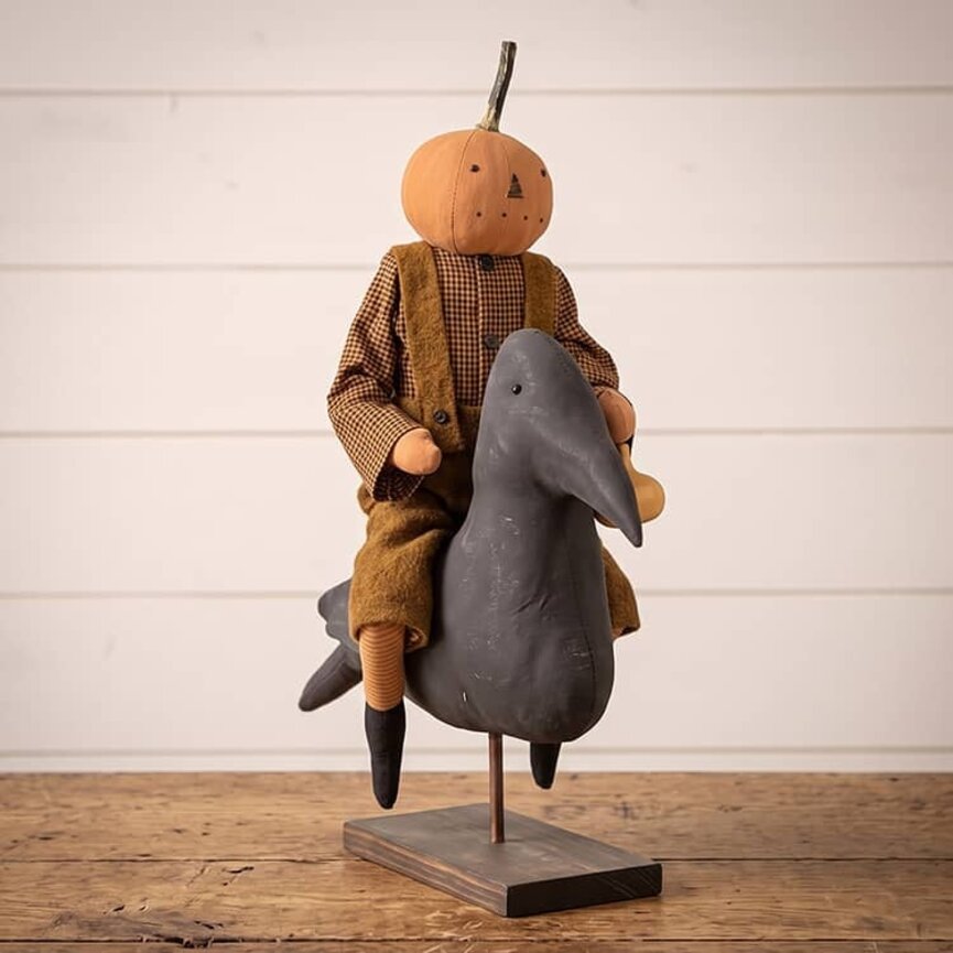 Pumpkin Boy Riding On Black Crow Mustard Wool Overalls - 21"