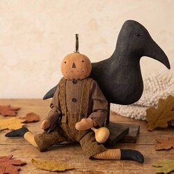 Pumpkin Boy Riding On Black Crow Mustard Wool Overalls - 21"