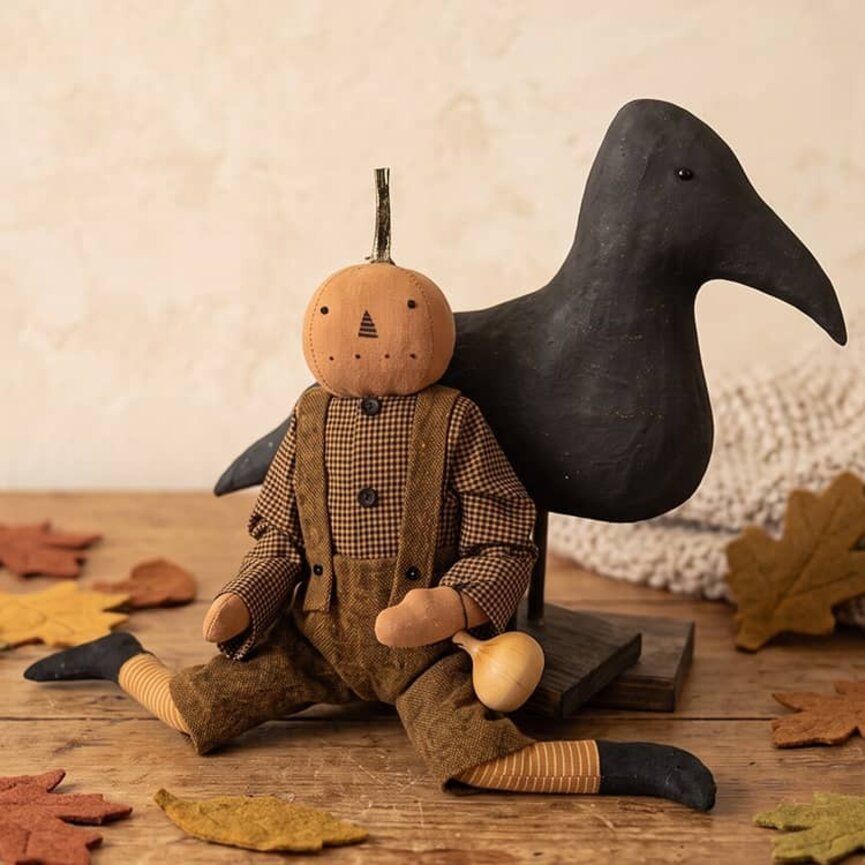 Pumpkin Boy Riding On Black Crow Mustard Wool Overalls - 21"