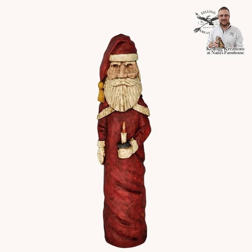 Hand Carved Santa Red Suit with Candle - 6"