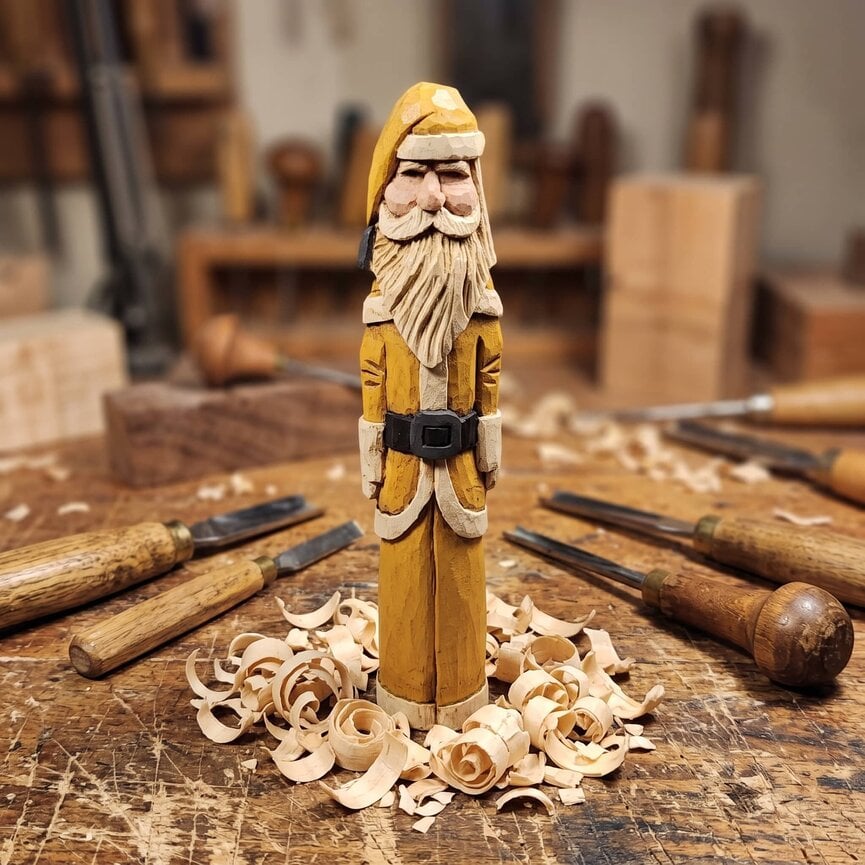 Hand Carved Santa Mustard Suit with Grey Belt Buckle  - 7"