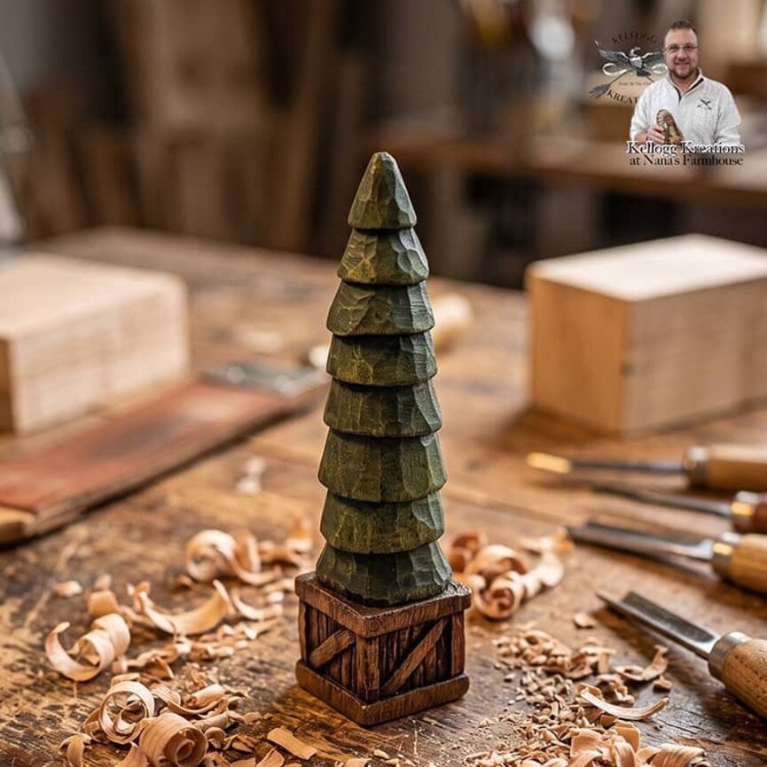 Hand Carved Tree on Crate - 5"