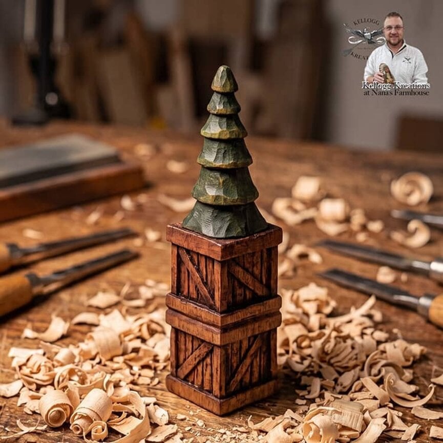 Hand Carved Tree on Two Crates - 5"