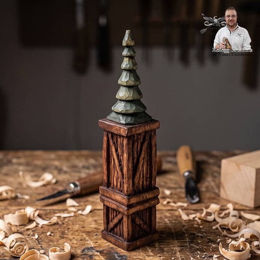 Hand Carved Tree on Tall Crate & Short Crate - 6"