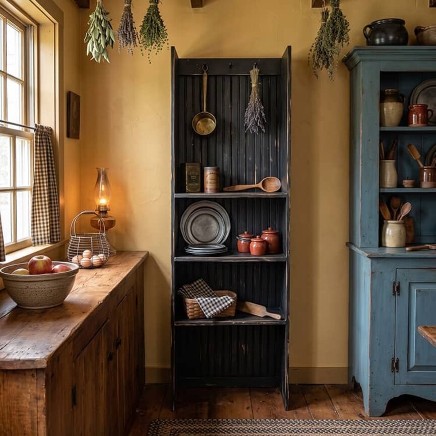 Primitive Book Shelf with Beaded Back Pegs - 73" x 24" x 11"