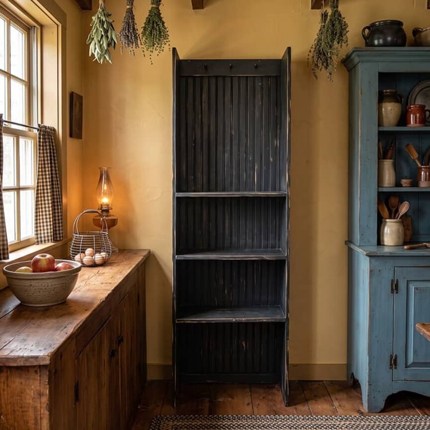 Primitive Book Shelf with Beaded Back Pegs - 73" x 24" x 11"