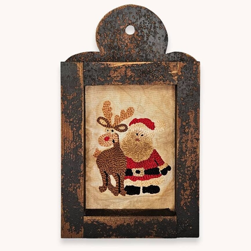 Santa with Reindeer Needle Punch Sampler Framed - 12"