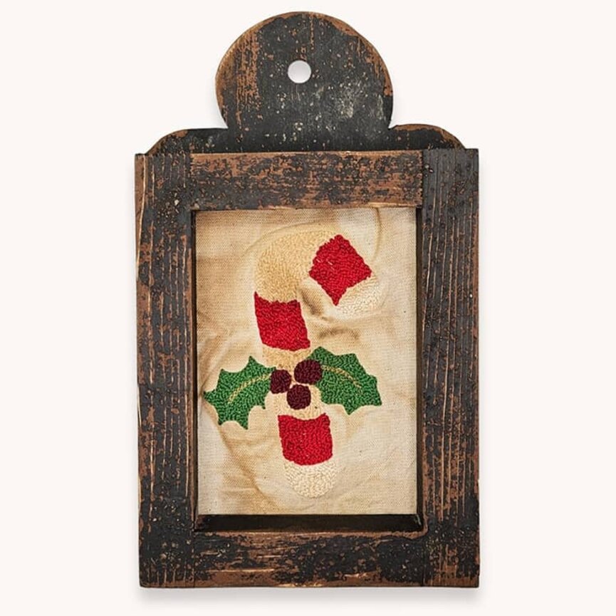 Candy Cane with Holly Branch Needle Punch Sampler Framed - 12"