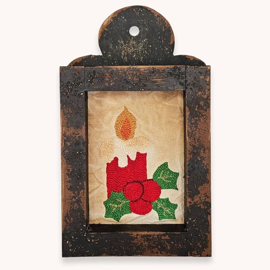 Candle with Holly Branch Needle Punch Sampler Framed -12"