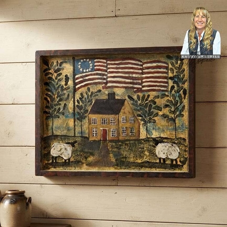 Kathy Graybill Hand Painted Mustard Saltbox House with American Flag Original Artwork - 19.5" x 25.5"
