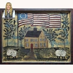Kathy Graybill Hand Painted Mustard Saltbox House with American Flag Original Artwork - 19.5" x 25.5"
