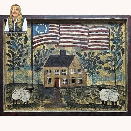 Saltbox House with American Flag Original Artwork
