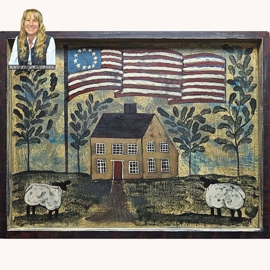 Kathy Graybill Hand Painted Mustard Saltbox House with American Flag Original Artwork - 19.5" x 25.5"