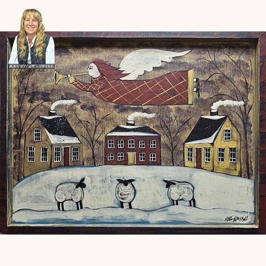 Kathy Graybill Hand Painted Winter Angel Saltbox Houses - 19.5" x 25.5"