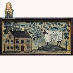 Kathy Graybill Mustard Saltbox House One Sheep & Tree - 13.75" x 25.5"