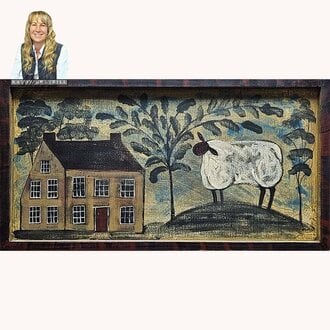 Mustard Saltbox House One Sheep & Tree Original Artwork
