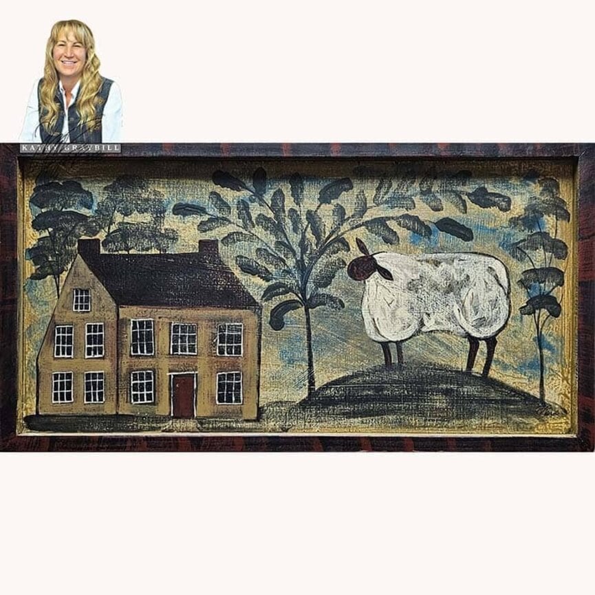 Kathy Graybill Mustard Saltbox House One Sheep & Tree - 13.75" x 25.5"