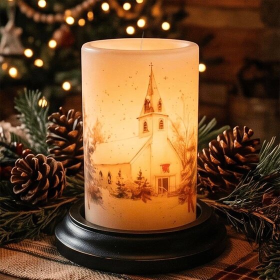Winter Christmas Chapel Candle Sleeve - Antique Vanilla