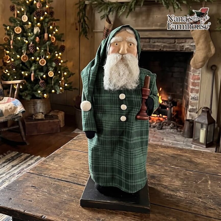 Santa Doll Green Plaid Night Shirt Holding Candle - 18"