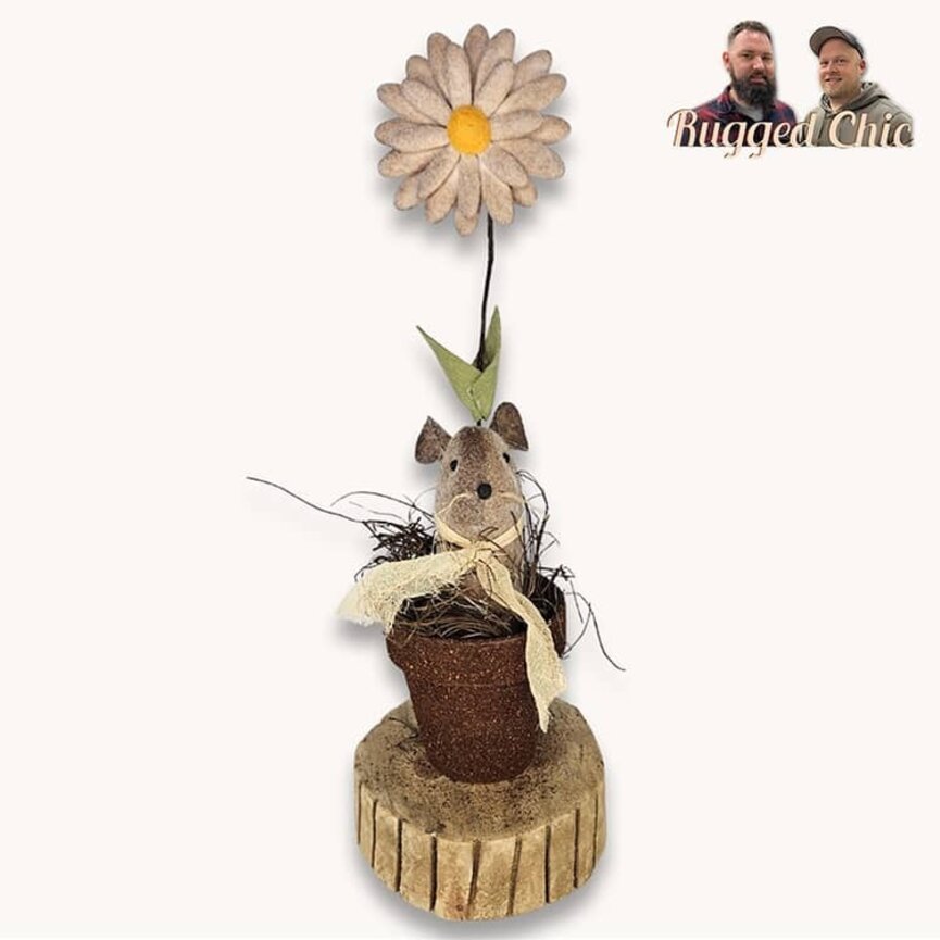 Mouse In Rustic Flower Pot with Wood Base Rafia & Daisy - 17"
