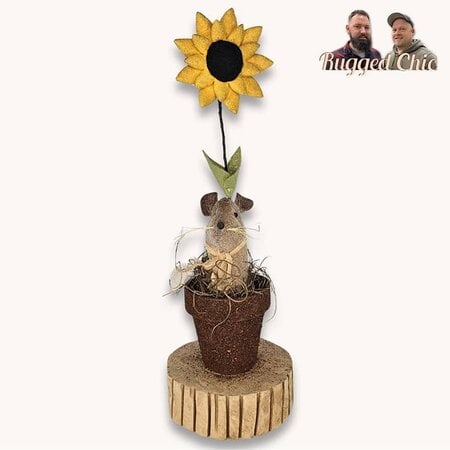Mouse In Rustic Flower Pot with Rafia & Sunflower
