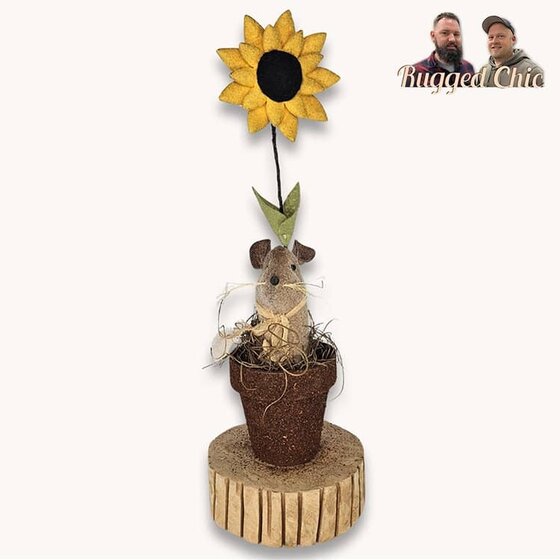 Mouse In Rustic Flower Pot with Rafia & Sunflower