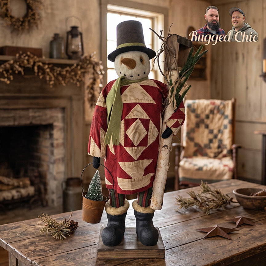 Snowman Doll in Quilted Robe with Lantern - 27"