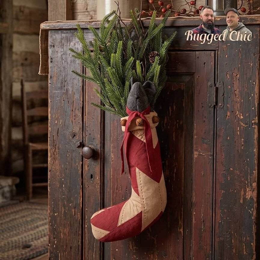 Mouse In Quilted Stocking witn Greenery - 19"