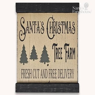 Santa's Christmas Tree Farm Lath Sign Shelf Sitter Distressed Linen White/Black 10 T x 7 W