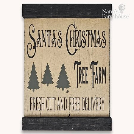 Santa's Christmas Tree Farm Lath Sign Shelf Sitter Distressed Linen White/Black 10 T x 7 W