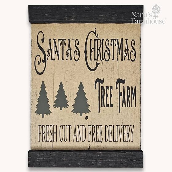 Santa's Christmas Tree Farm Lath Sign Shelf Sitter Distressed  Linen White/Black 10 T x 7 W