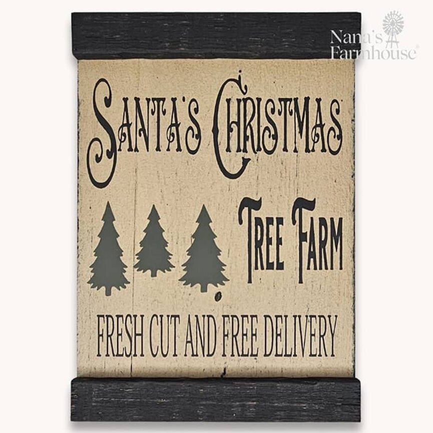 Santa's Christmas Tree Farm Lath Sign Shelf Sitter Distressed Linen White/Black 10 T x 7 W