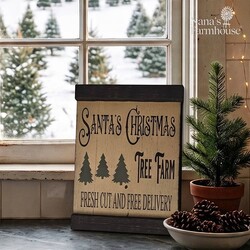 Santa's Christmas Tree Farm Lath Sign Shelf Sitter Distressed Linen White/Black 10 T x 7 W