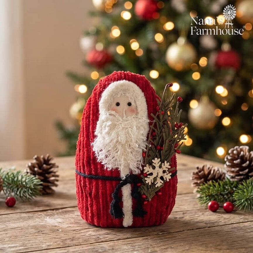 Chenille Red Santa with Greens & Snowflake - 9"