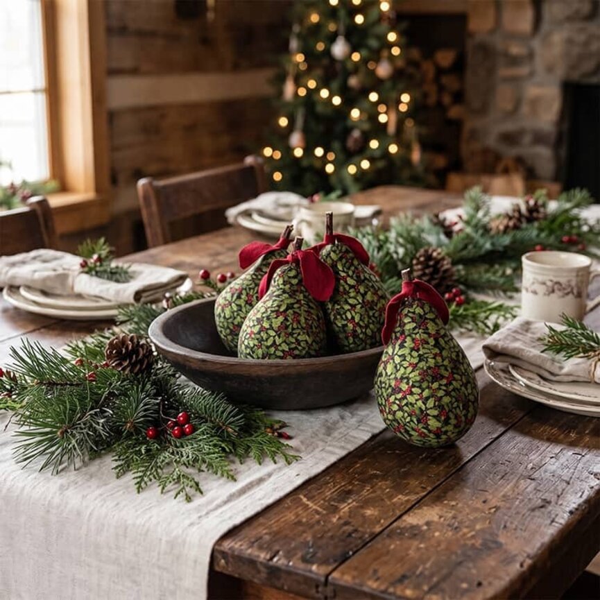 Primitive Holiday Pears Holly Berries - 7"