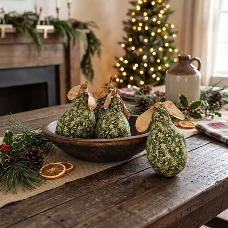 Primitive Holiday Pears Gold Poinsettias - 7"