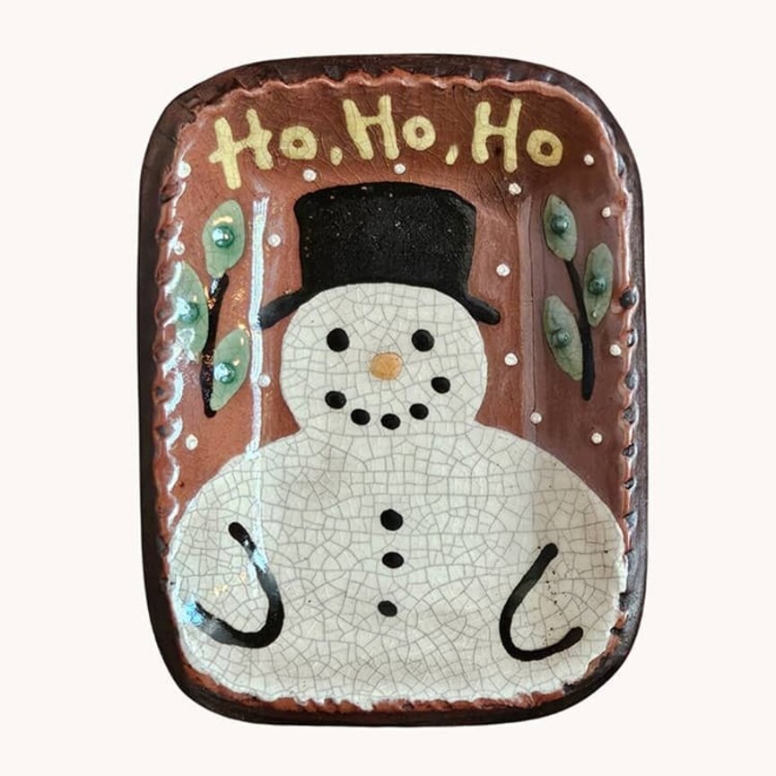 Smith Redware Ho Ho Ho Snowman Rectangle Plate - 4 "