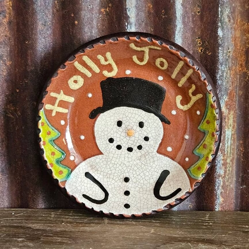 Smith Redware Holly Jolly Snowman Round Plate - 5"