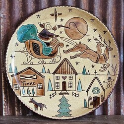 Santa Flying In Sled W/Moon & Houses Round Plate 10.5 Dia