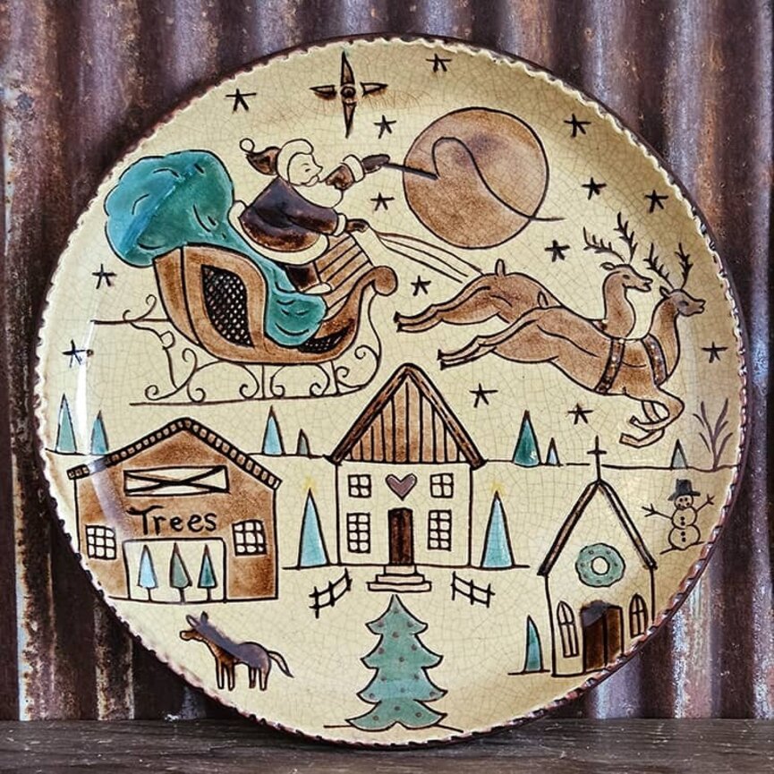 Santa Flying In Sled W/Moon & Houses Round Plate 10.5 Dia