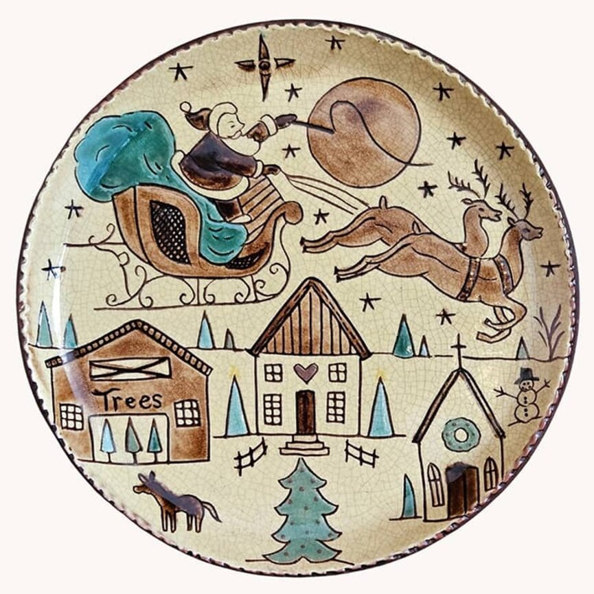 Santa Flying In Sled W/Moon & Houses Round Plate 10.5 Dia