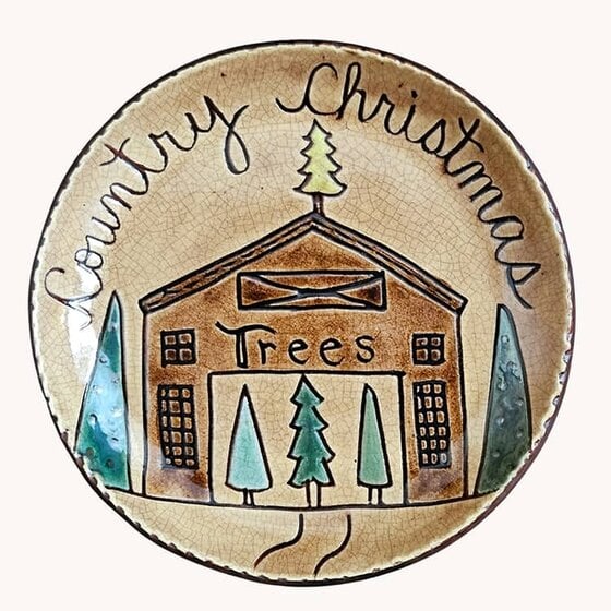 Country Christmas Trees Barn Round Plate - 7.5"