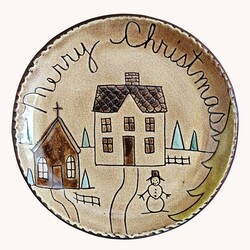 Smith Redware Merry Christmas House, Church & Snowman Round Plate - 7.5"