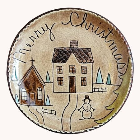 Merry Christmas House, Church & Snowman Round Plate - 7.5"
