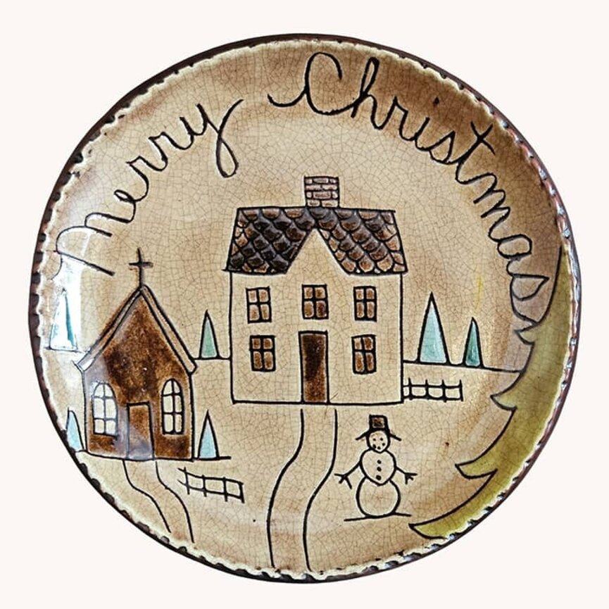 Smith Redware Merry Christmas House, Church & Snowman Round Plate - 7.5"