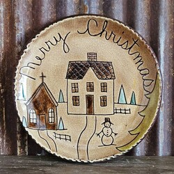 Smith Redware Merry Christmas House, Church & Snowman Round Plate - 7.5"