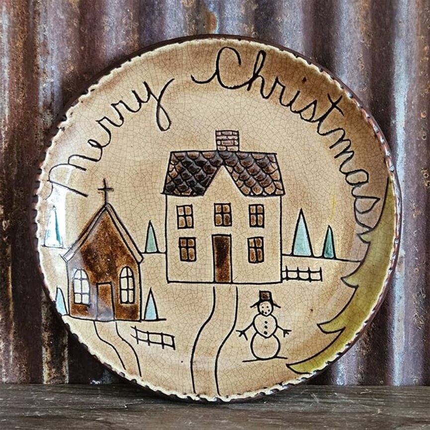 Smith Redware Merry Christmas House, Church & Snowman Round Plate - 7.5"