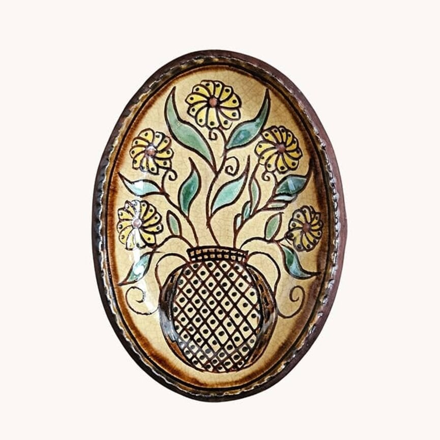 Smith Redware Five Flowers In Vase Oval Plate - 6.5 "