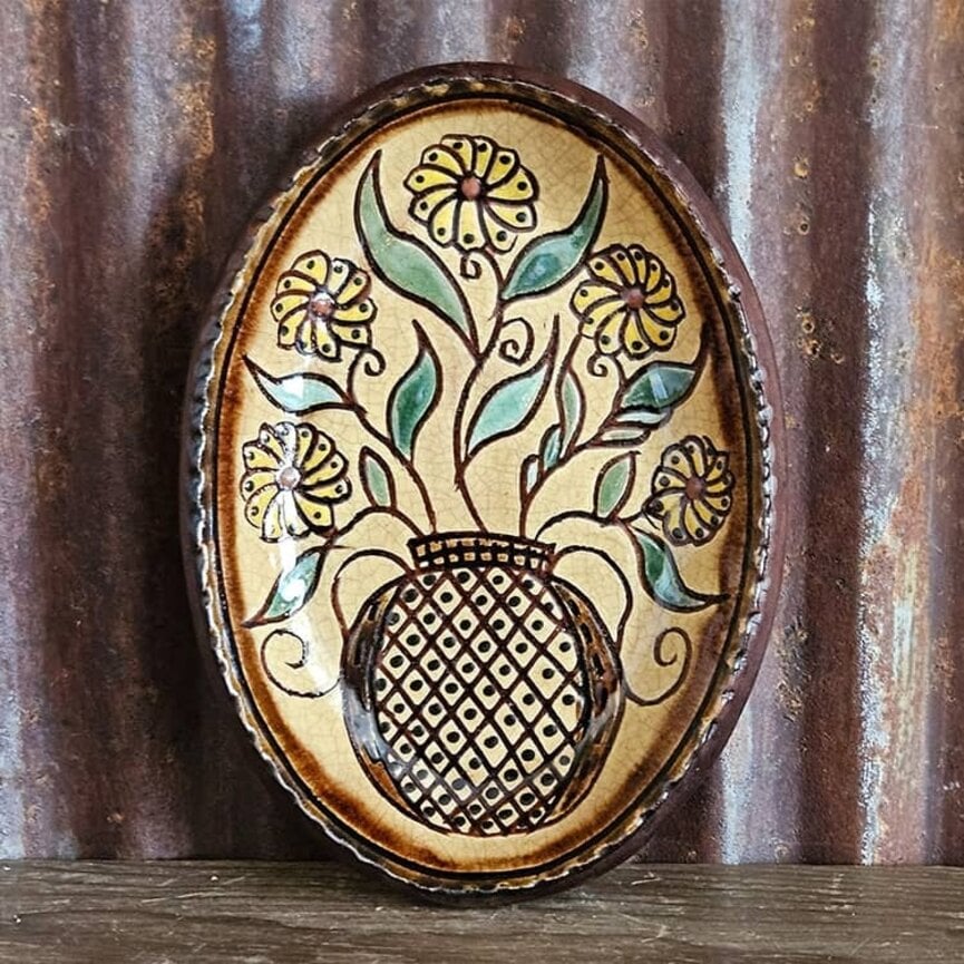 Smith Redware Five Flowers In Vase Oval Plate - 6.5 "