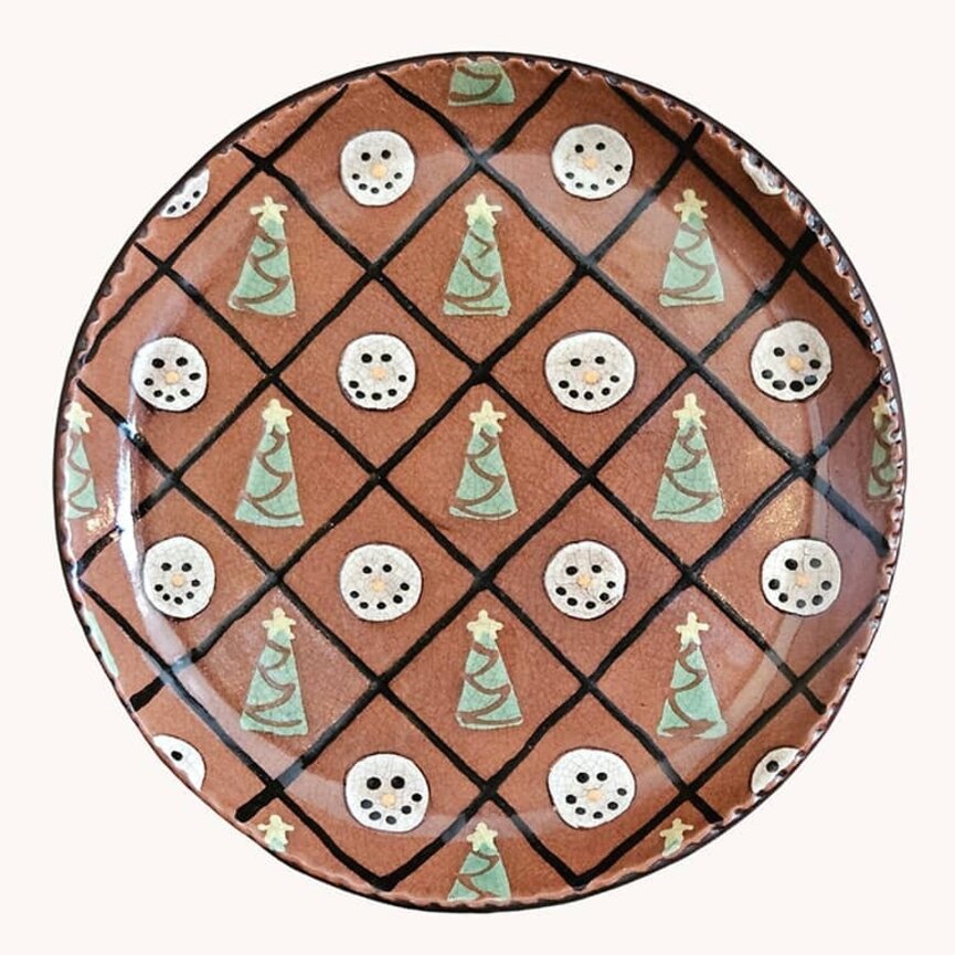 Smith Redware Snowman Face & Tree with Star Round Plate - 9"